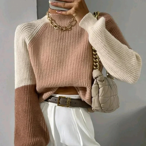 Color Block Mock Neck Raglan Sleeve Sweater - Picture 3 of 6